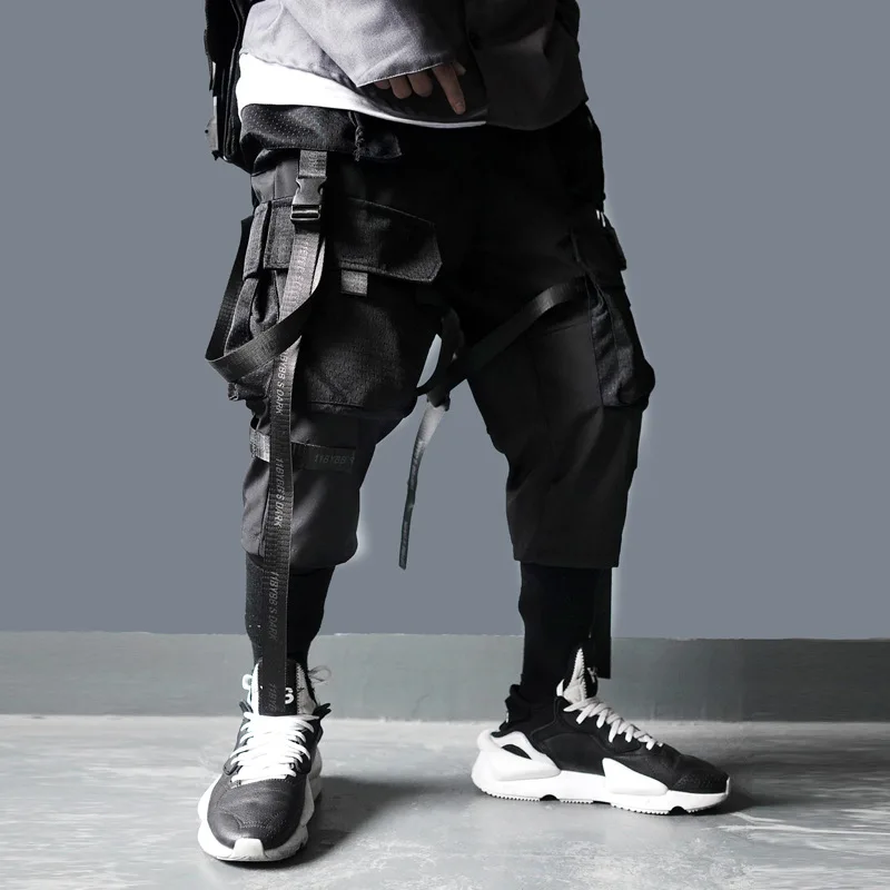 

Ribbons Multi Pockets Cargo Pants Men Harajuku Casual Track Trouser Hip Hop Streetwear Techwear Pants Joggers Men Black pants