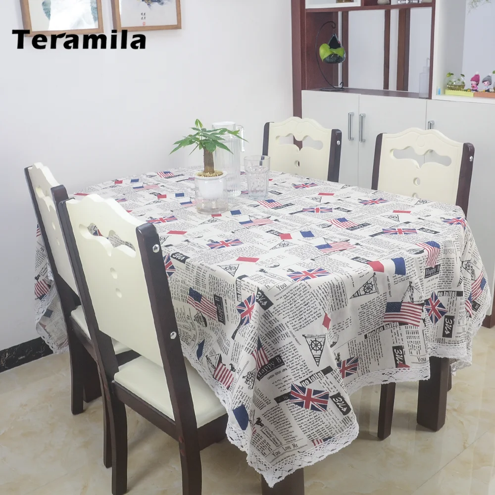 Teramila Text Design Lace Side Dining Table Cloth Rectangular Thick Linen Cotton Table Cover For Party Wedding Mantel Tablecloth