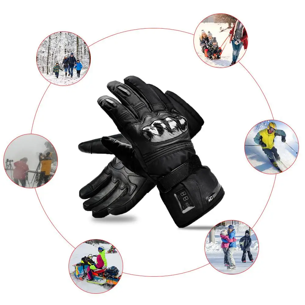 Перчатки с цифровым дисплеем с электрическим подогревом, кожаные водонепроницаемые теплые электрические перчатки, зимние уличные мужские и женские перчатки для катания на лыжах