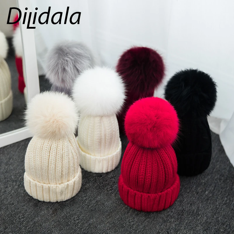 Dilidala, женская вязаная шапка, Лисий мех, зимняя теплая шапка, корейский стиль, дикая, шерсть, шапка для детей, зимние шапки для женщин, элегантная