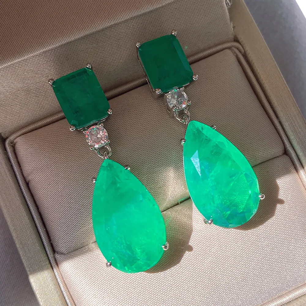 2021 Trend Paraiba Tourmaline Emerald Gemstone Big Drop Earrings for Women Cocktail Party Fine Jewelry Anniversary Female Gift 