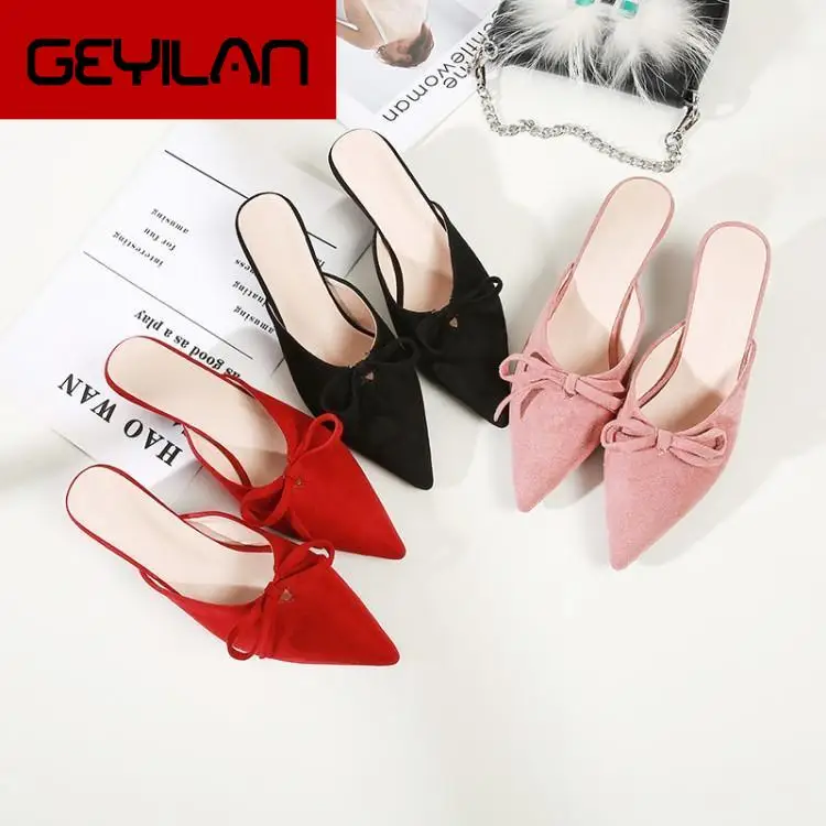 

New Suede Pointed Fine with Semi-Trailing Black 4cm Comfortable Bow Outer Wear High Heel Sandals And Slippers Women's Summer