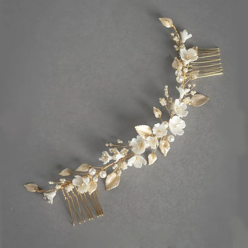 Floralbride Handmade Ins Style Ceram Flower Leaf Crystal Bridal Hair Comb Chain Wedding Headdress Hair Accessory Women Jewelry