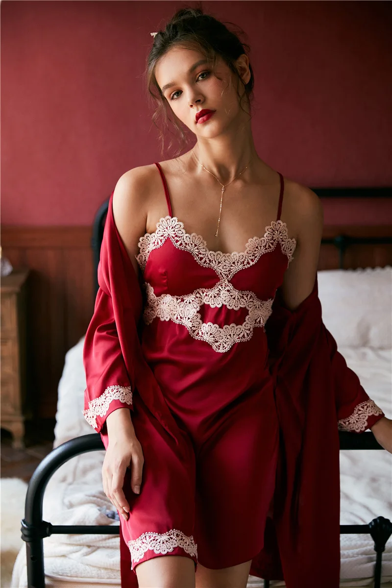 red set Осенний сексуальный шелк с подкладом для груди свободный и удобный lace кружевная одежда для сна халат и Ночная рубашка комплект - Цвет: red set