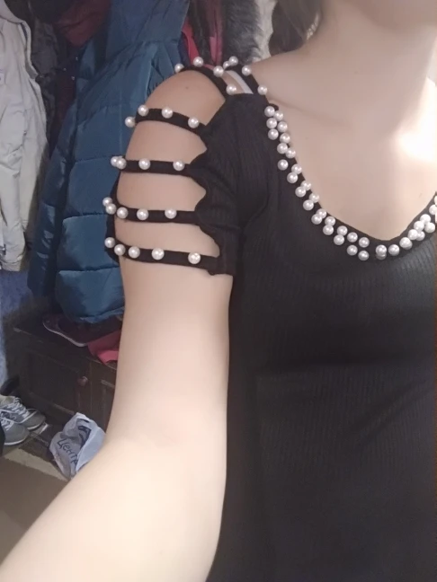 Preise Perlen Aushöhlen Hülse T shirt Frauen Sommer Schwarz T shirt Oansatz Büro Tragen Elegante T Shirt Femme Plus Größe 2XL SJ2953R