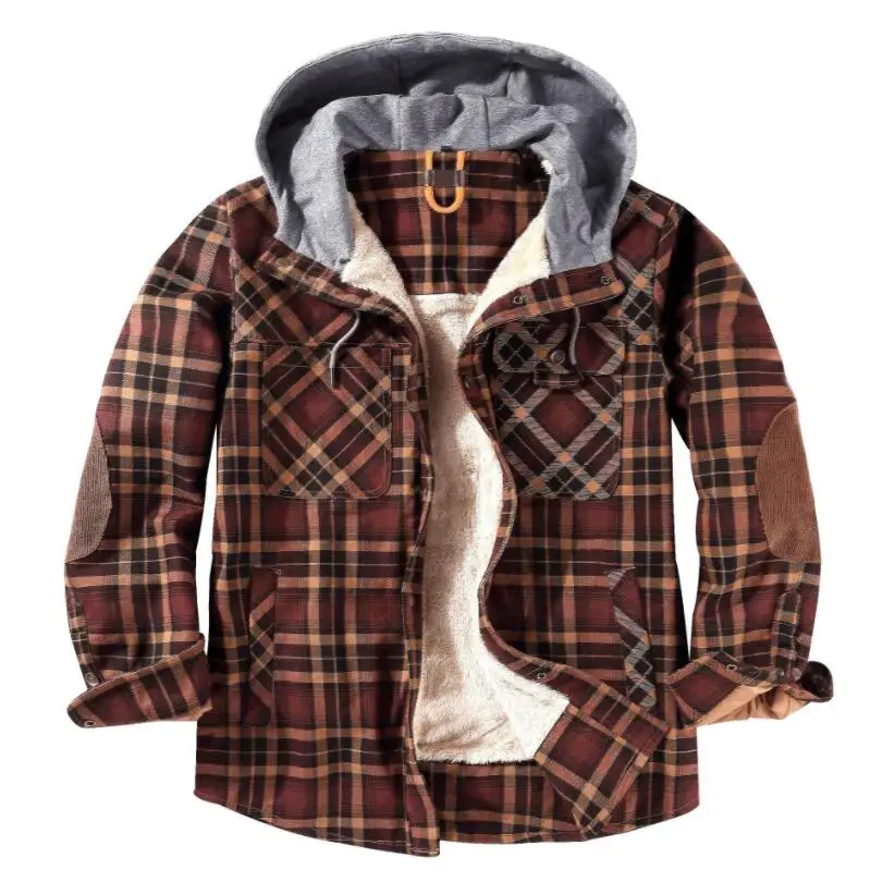 

2021 Men Winter Jacket Thicken Hooded Plaid Shirt Jacket Warm Fleece Jacket Coats Military Men Tops Chaquetas Hombre w197