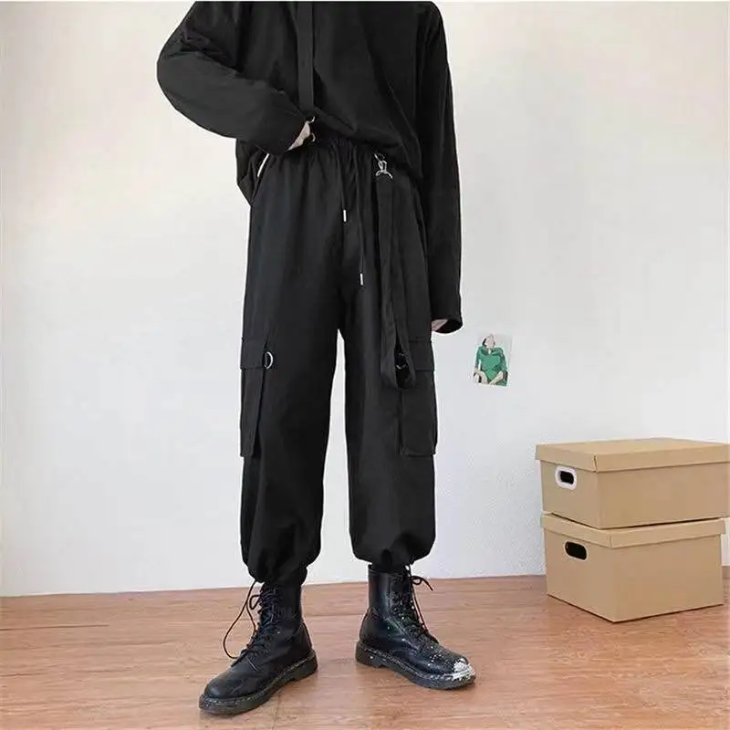 

2021 Men's Personalized Street Casual Pants Loose Overalls Fashion Jumpsuits Black Color straight Pants Hip-hop Trousers S-3XL
