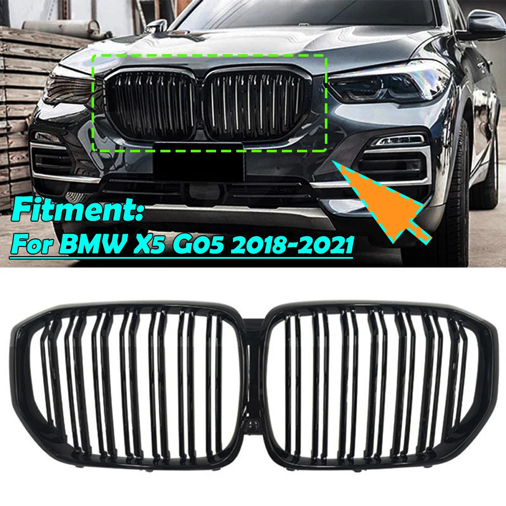 

Glossy Black Front Kidney Grille Cover For BMW X5 G05 2018 2019 2020 2021 Car Style Refit Bumper Slat Double Line Racing Grills