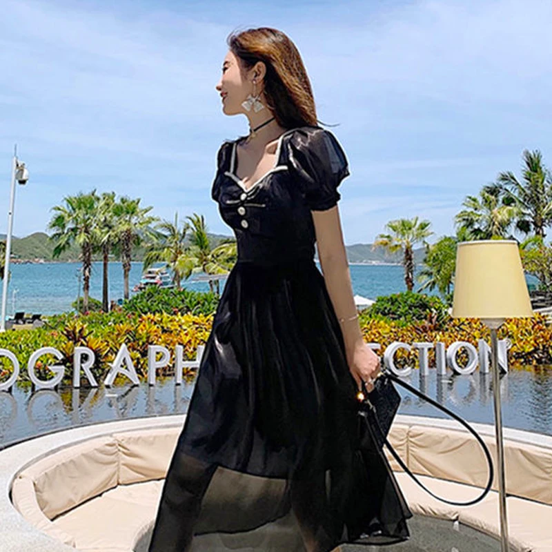 Элегантное кружевное платье для женщин Лето квадратный воротник пузырь рукава