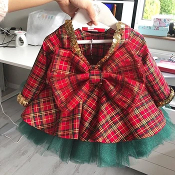 

1-6T Christmas kids Baby Girl Princess Dress Elegant Formal Party Pageant Cute sequin Dress Xmas Infant Bowknot check Vestidos