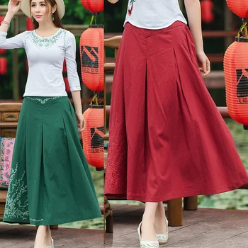 

Chinese Womens Retro Cotton Linen Blend National Pockets Embroidery Casual Skirt A-line Solid Casual V22