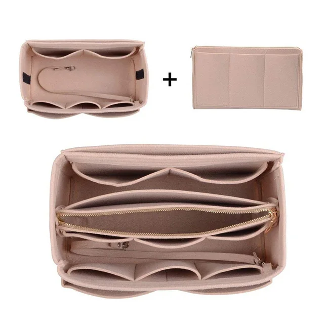 Hot Popular Women's Makeup Organizer Felt Cloth Insert Bag Multi-functional Travel Cosmetic Bag Girl Storage Toiletry Liner Bags Beige
