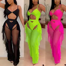 New Sexy Women Spaghetti Strap Solid Bodysuit Playsuit+ Ruffled Mesh Pants Swimsuit Set Female Summer Beach Set Outfits