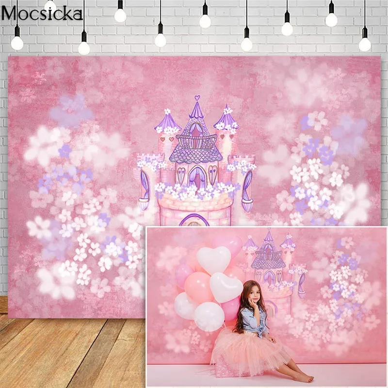 

Mocsicka White Flower Pink Castle Cake Smash Photography Backdrops Girl 1st Birthday Photographic Studio Photo Backgrounds