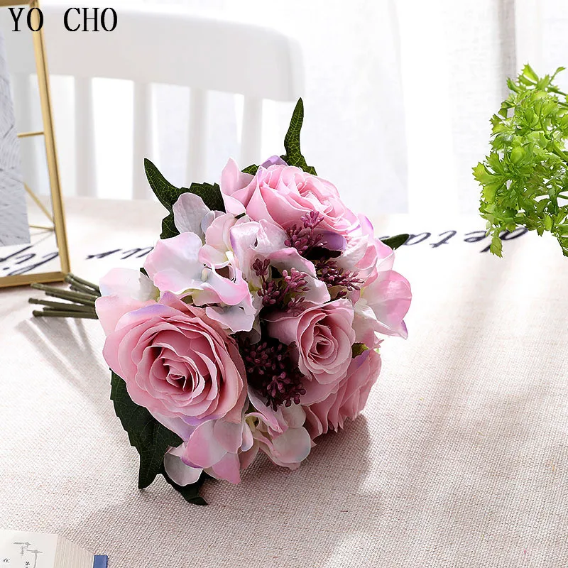 YO CHO Wedding Flowers Aritificial Roese Birdal Bouquet Artifical Silk Hydrangea Flowers for Home Party Decor