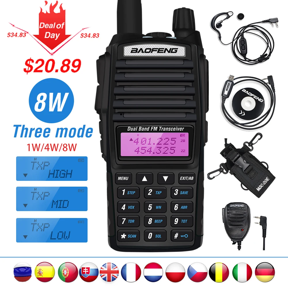 Высокое 8 Вт Baofeng UV 82 рация охотничий портативный CB Ham радио 10 км двухдиапазонный