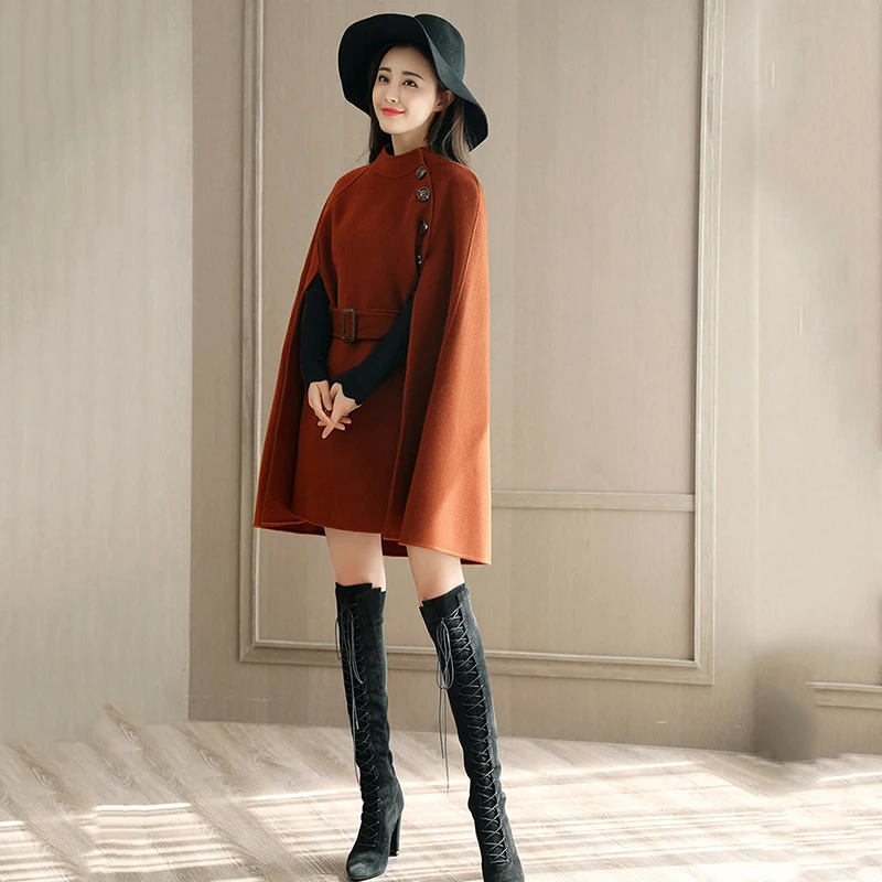 

Women Spring Autumn Temperament Wool Coat Women solid color single-breasted cloak sleeves oversized woolen coat new woolen coat