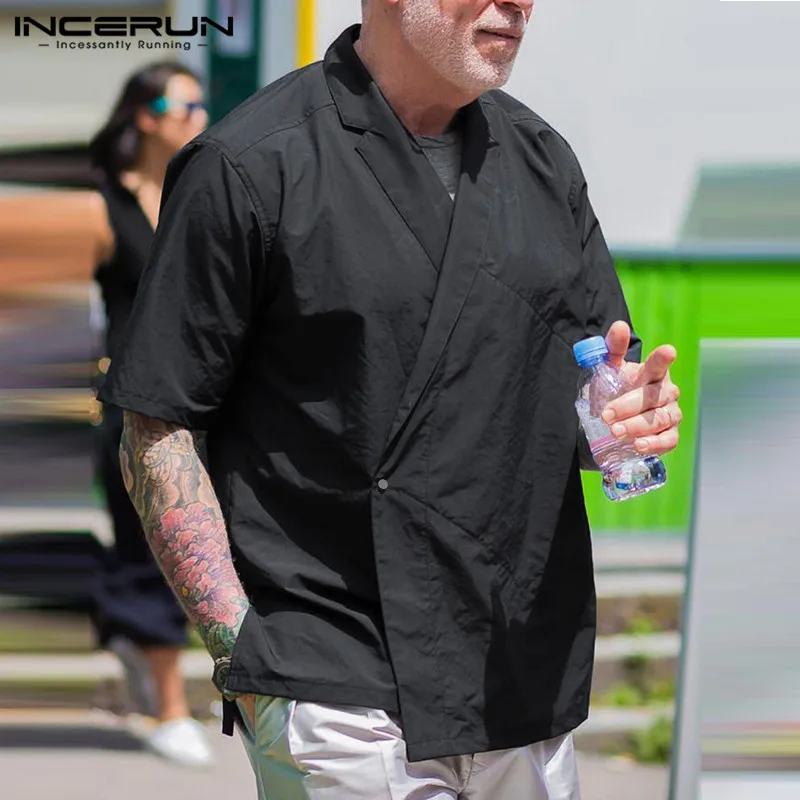 Solid Color Men Shirt Short Sleeve One Button Streetwear Turn-down Collar 2020 Fashion Casual Coats Camisa Masculina 5XL INCERUN Solid Color Men Shirt Short Sleeve One Button Streetwear Turn-down Collar 2020 Fashion Casual Coats Camisa Masculina 5XL INCERUN