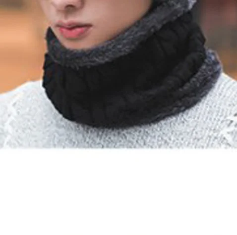 Теплая вязаная шапка, шарф, набор, меховая шерстяная подкладка, толстые теплые вязаные шапочки, Балаклава, зимняя шапка для мужчин и женщин, шапка Skullies bonnet - Цвет: Black Collar