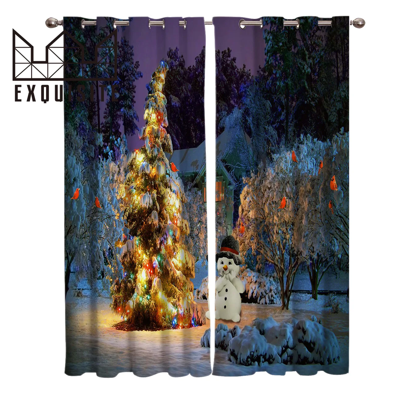 

Exquisite House Christmas Tree Snowman House Tree Lighting Birds Bathroom Kitchen Indoor Decor Kids Curtain Panels With Grommets