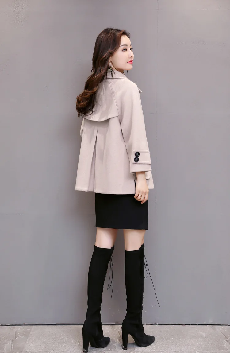 Женский офисный плащ, женские короткие пальто, зимнее шерстяное пальто с отложным воротником и карманами, одноцветные женские пальто