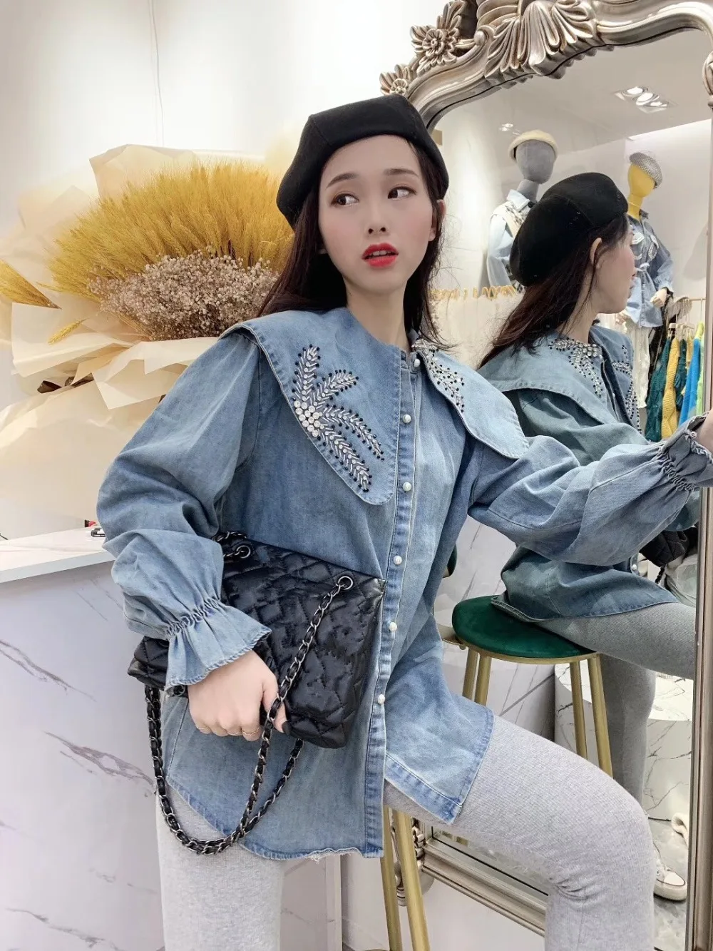 WHITNEY WANG, блузки,, Весенняя мода, уличная одежда, 3D кружева, цветы, бриллианты, Джинсовая блузка для женщин, Blusas, женская джинсовая рубашка, Топ