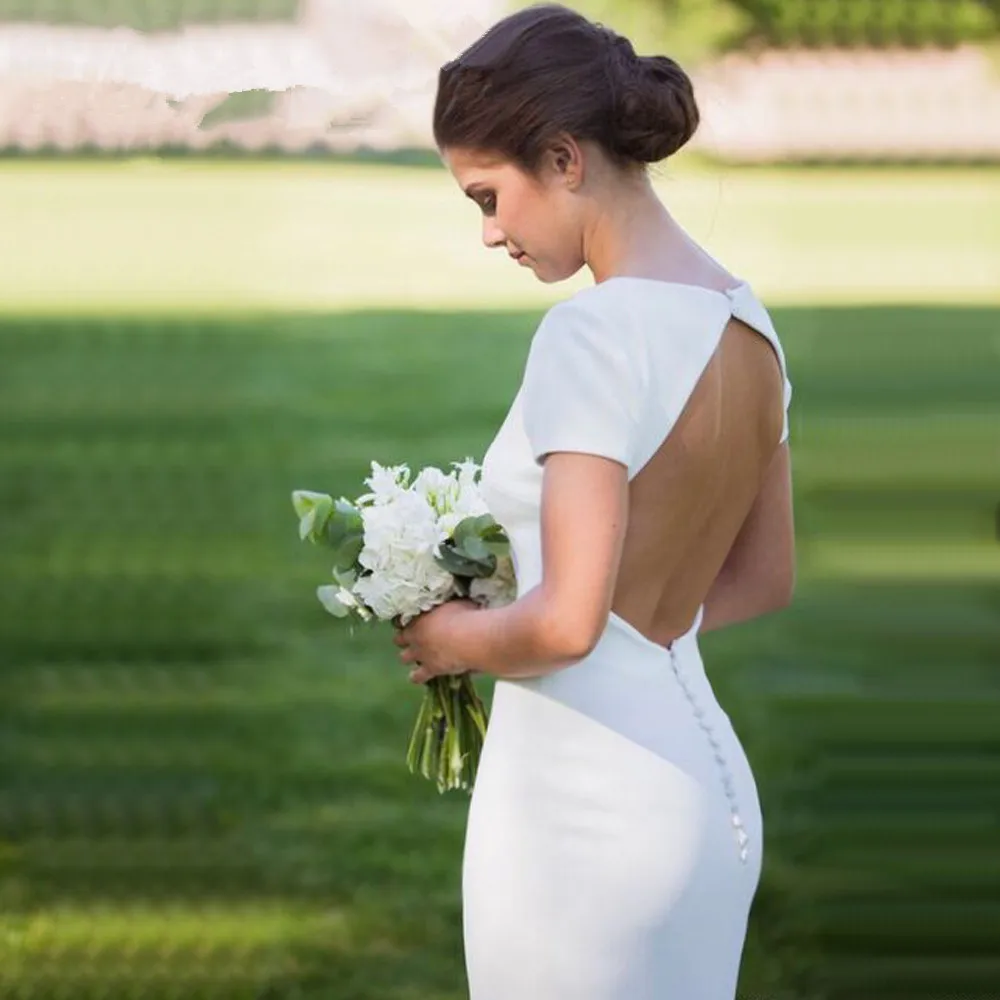 

Simple Elegant Crepe Wedding Dress With Short Sleeves Open Back Mermaid Bridal Gowns