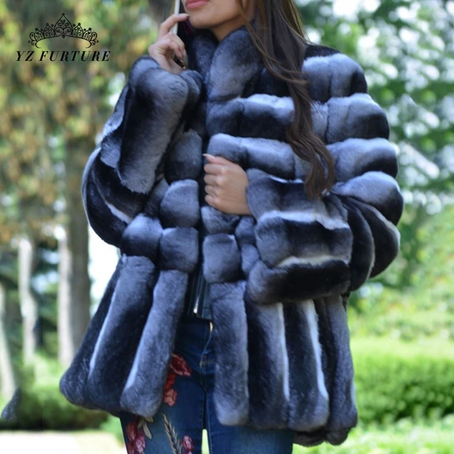 Women's Chinchilla Real Rex Rabbit Fur Coat Striped Jacket Thick Hooded  Overcoat