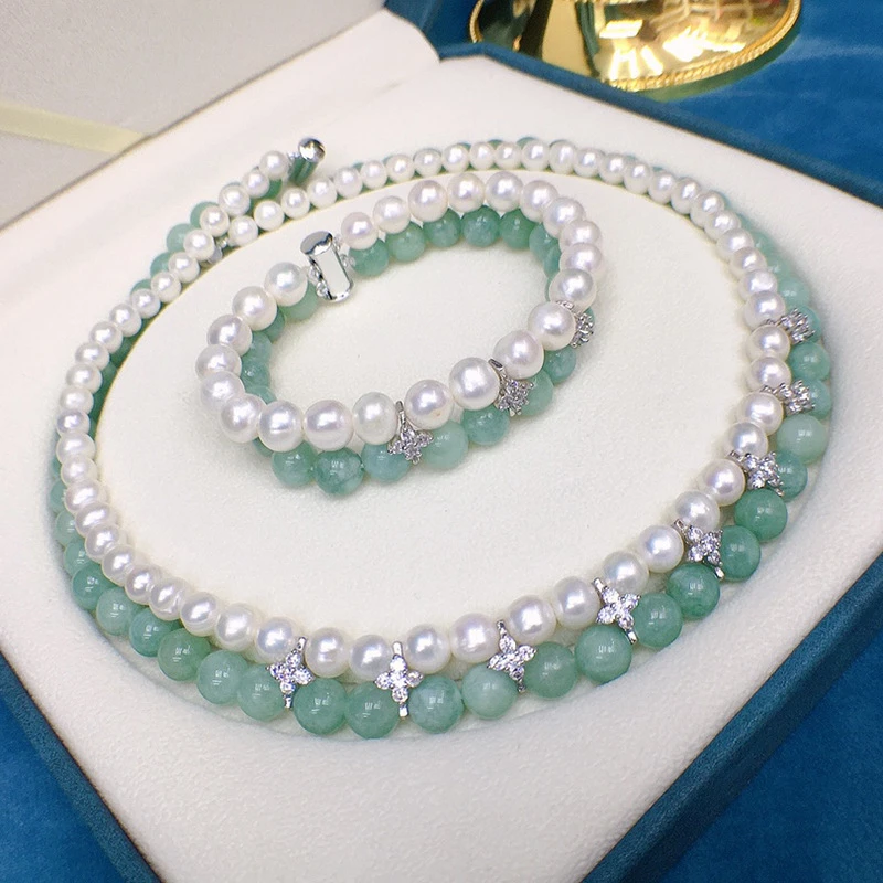 

HABITOO Gorgeous Natural 8-9mm White Cultured Freshwater Pearl Green Jade Necklace+Bracelet Cubic Zircon Jewelry for Women Gift