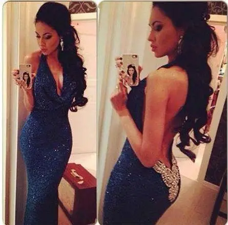 

2018 Robe de soiree blue sequins fabric sexy backless appliques crystal long evening prom gown mother of the bride dresses