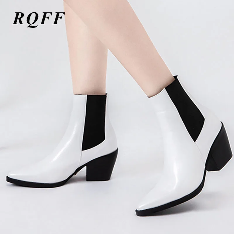 

Black White Ankle Boots Women Fashion Block High Heel Shoe Woman Snake Pattern Pu Boot Plus Big Size 12 Elastic Band Pointed Toe
