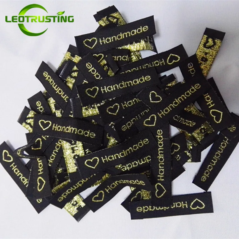 

120pcs/Lot Stock Clothing Label Tags Black Woven Labels Handmade With Love 15x60mm End Folded Metallic Gold Embroidered Labels