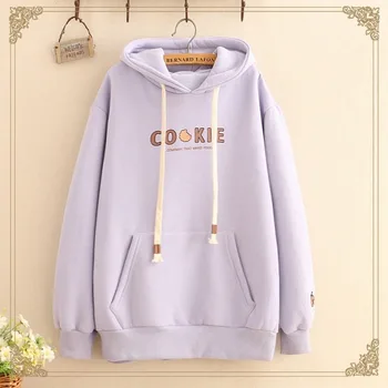 

Japanese Harajuku Kawaii Fleece Hoodie Women Mori Girl Cookie Graphic Hooded Sweatshirt Winter Cute Letter Yellow Pink Hoodies