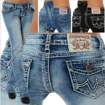 

High Waist Embroidery Jeans Woman Skinny Button Pockets Denim Pants Ladies Blue Pencil Pants Fashion Female Jeans