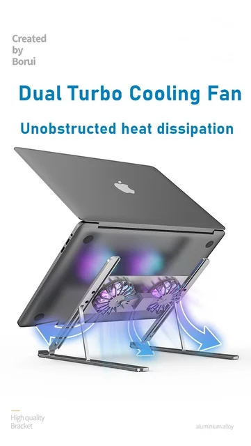 Support Réglable Pour Ordinateur Portable Avec Ventilateur - Hauteur Ajustable 5-29 Cm - Rotation 360° - Pour PC Et Tablettes Jusqu'à 16" - 4