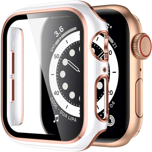 Full Screen Protector Bumper Frame Case for Apple Watch 6/SE/5/4/3/2/1 Cover Slim Tempered Glass Film for iWatch 4/5 White rose gold