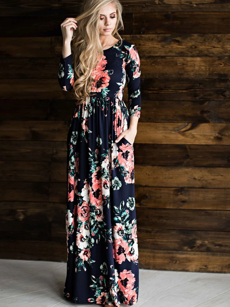 Autumn summer women dress Long short sleeve maxi dress women floor length white print floral ladies casual dress vestidos LD718 (1)