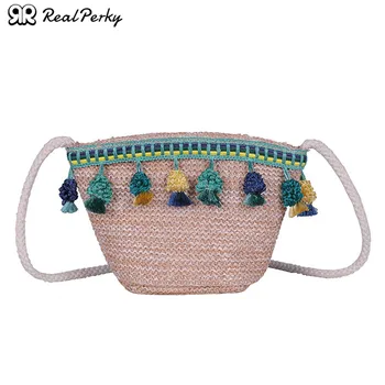 

Women New Tassel Bucket Straw Bags Female Summer Handmade Woven Beach Bags Handbags Ladies Fashion New Shoulder Messenger Bags