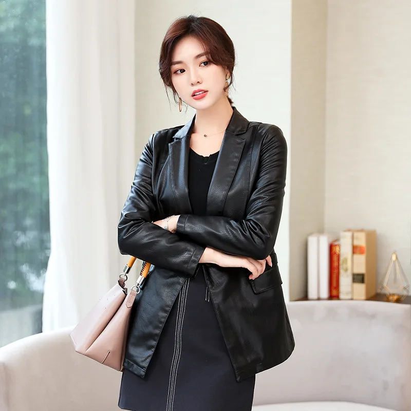 

M-3XL Plus Size Women Leather Jackets 2019 New Fashion Solid Turn Collar Slim Single Button Leather Jackets For Women