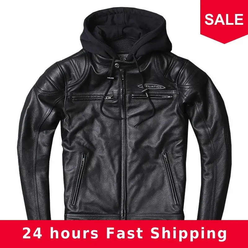 

2020 Black Men American Hood Motorcycle Leather Jacket Genuine Thick Cowhide Slim Fit Short Russian Biker's Leather Jacket