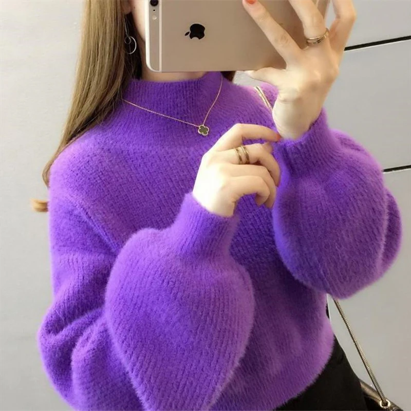 Женский зимний бархатный корейский теплый свитер с высоким воротником из мохера женские свитера с рукавами-фонариками Повседневный однотонный пуловер