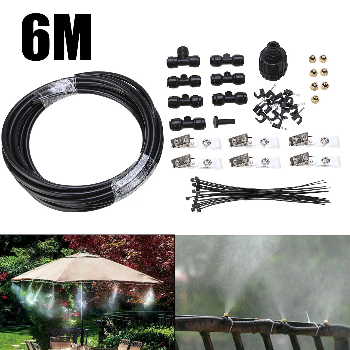 

6M Tubes Outdoor Misting System Brass Nozzle Fan Cooler Water Cooling Garden Yard Patio Mist Watering Spray Set