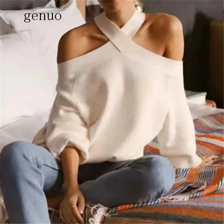 Fashion Women Halter Sweaters Elegant Spring White Long Sleeve Knitted Pullover Female Autumn Sexy Sweaters Jumper 2020