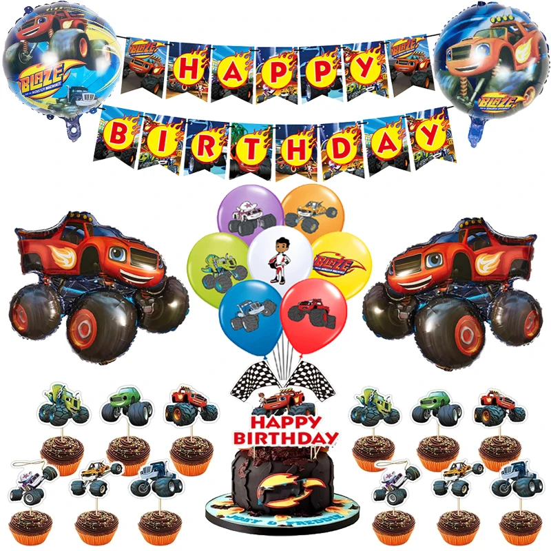 Blaze Monster Foil Balloons Machines Fire Race Car Latex Ballons Happy Birthday Banner Party SUV Cake Topper Decoration Kids Toy |
