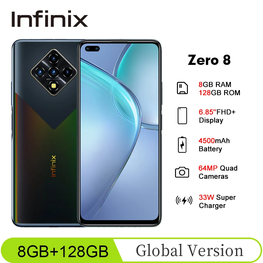 Глобальная версия Infinix Zero 8 6 85 ''FHD Гб 128 ГБ 90 Гц полный экран 64 мегапиксельная