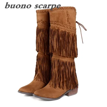 

Winter new full leather low heel Martin boots female tassel boots