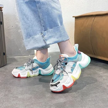 

2020 Fashion Spring Autumn Girls Students Genuine Leather Mesh Patchwork Breathable Light Comfortable Heightening Sports Shoes