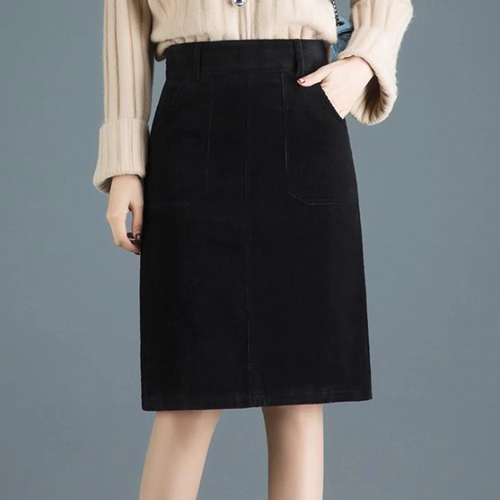 Плюс размер юбка Вельветовая 4XL 5XL осень зима Высокая талия Женская прямая юбка Женский длиной до колен короткая юбка офисная Jupe Femme