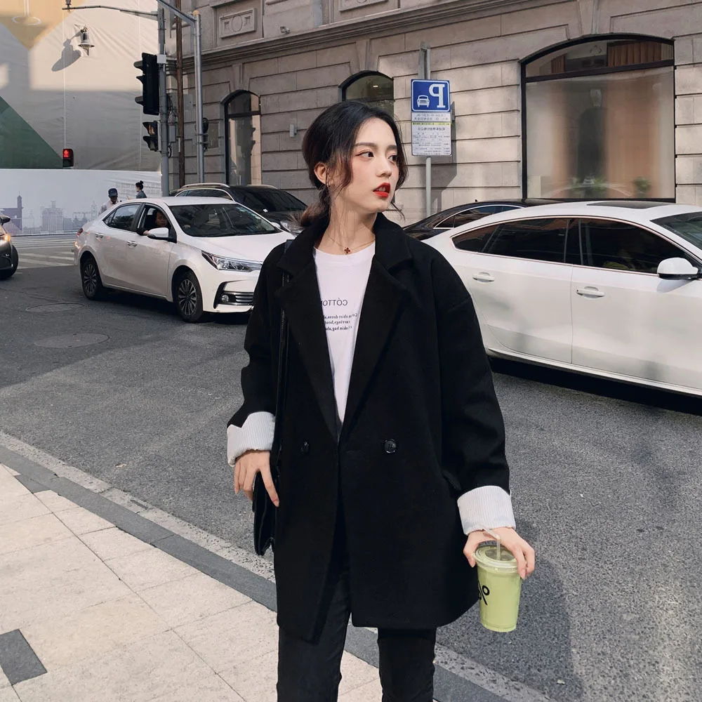 

Photo Shoot 2020 Autumn And Winter New Style Black Woolen Small Suit Coat Women's Short Thick Korean-style Loose-Fit Laziness Wa