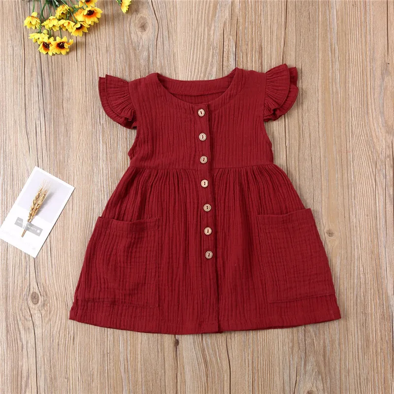 Toddler Kid Baby Girl Summer Dress Ruffles Sleeves Cotton Linen Party Children Girls Casual Button Pocket Dress Sundress Clothes girls dress